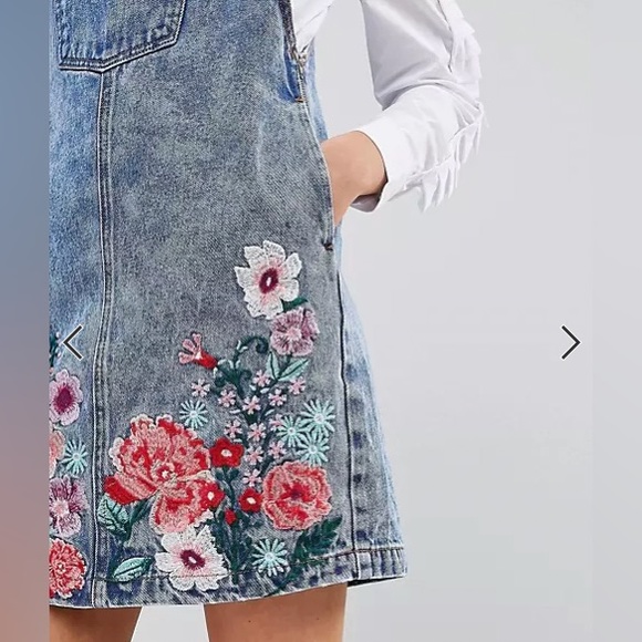 Glamorous Mini Pinafore Dress With Floral Embroidery In Denim - Picture 2 of 7